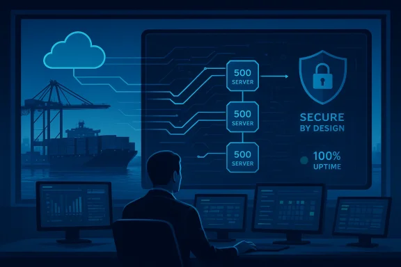 IT professional monitors secure cloud server network with shield icon and “100% uptime” message.