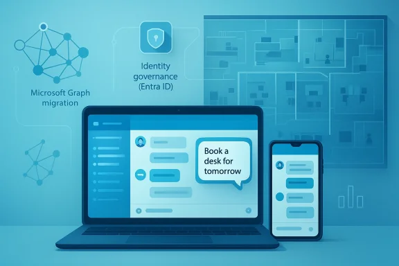 Futuristic computer and phone screens show identity governance with Microsoft Graph migration graphics.