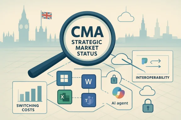 Illustration shows “CMA Strategic Market Status” with a magnifying glass over switching costs and interoperability icons.