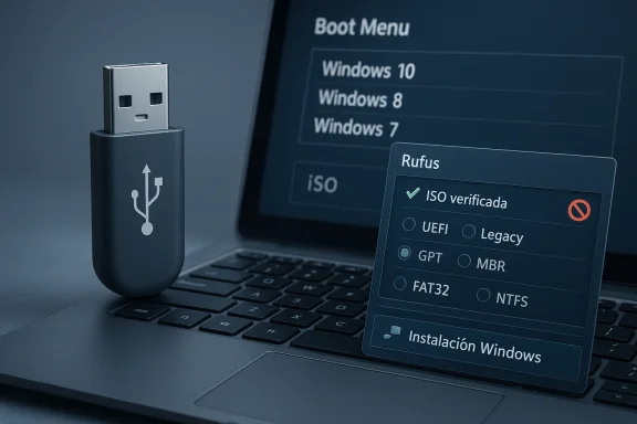 USB drive and laptop boot menu showing Windows installation options with Rufus verifying an ISO.