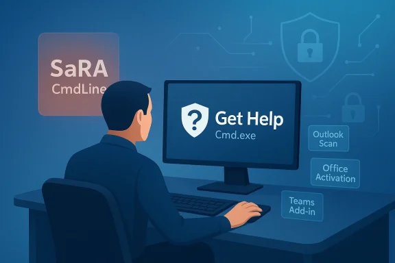 Illustration of a man using a computer showing “Get Help” for Cmd.exe, with cybersecurity icons in the background.
