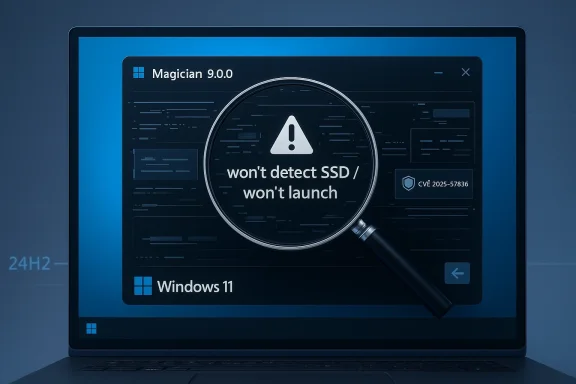 Laptop screen shows Magician 9.0 on Windows 11 warning: won't detect SSD or launch.