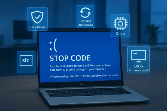 A laptop shows a Windows “STOP CODE” blue screen with troubleshooting icons like Safe Mode and BIOS reset.