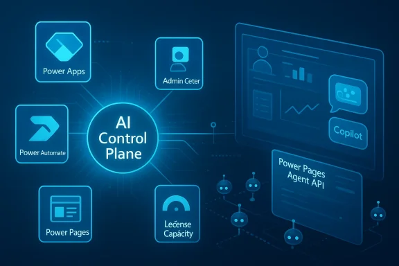 Futuristic blue diagram connecting Microsoft Power apps with AI Control Plane and Copilot.