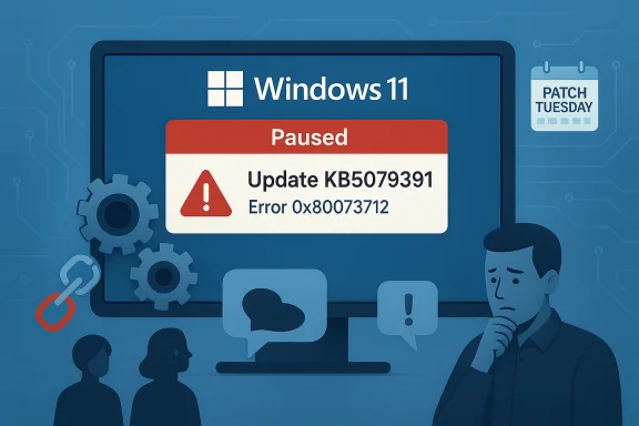 Windows 11 update paused, showing error for KB5079391 with code 0x80073712 on a blue tech screen.