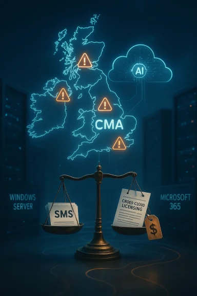 Server licensing weighed on a balance with EU map alerts and AI/cloud icon over a data center backdrop.