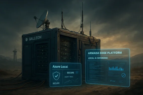 Cyberpunk data center on a remote industrial site with “Azure Local” and “Armanda Edge Platform” UI overlays.