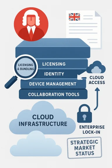 Illustration of cloud-based enterprise licensing, identity, device management, and collaboration with lock-in and access.