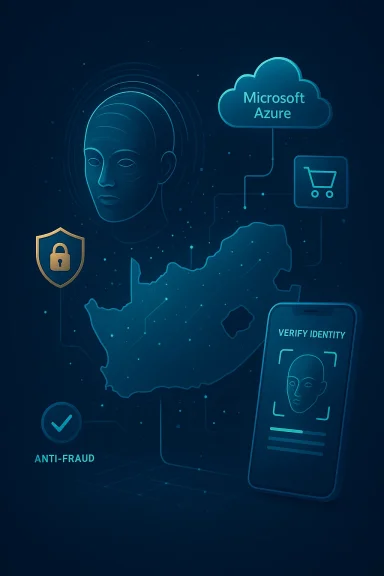 Digital anti-fraud security graphic featuring Microsoft Azure cloud, identity verification, and an authenticated face.