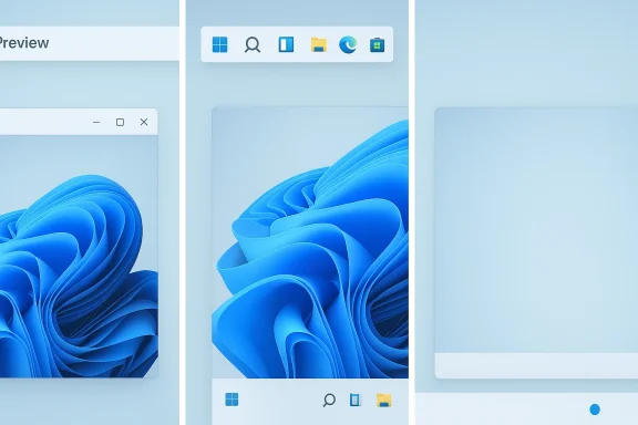 Windows app preview showing a blue abstract ribbon wallpaper with multiple UI panels.