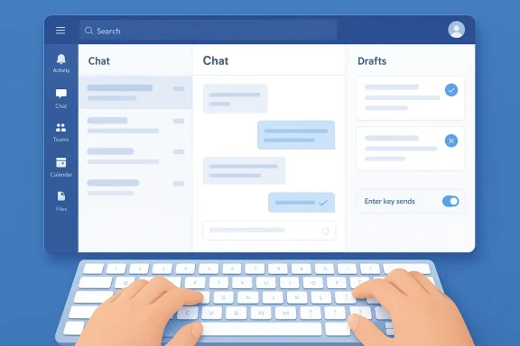 Hands typing on a keyboard while a chat interface with drafts and messages is shown on a screen.