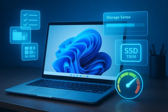 Laptop with blue UI icons showing “Storage Sense” and “SSD TRIM” alongside a performance gauge.