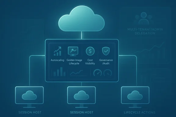 Cloud computing dashboard with session hosts and lifecycle actions icons on a blue interface.