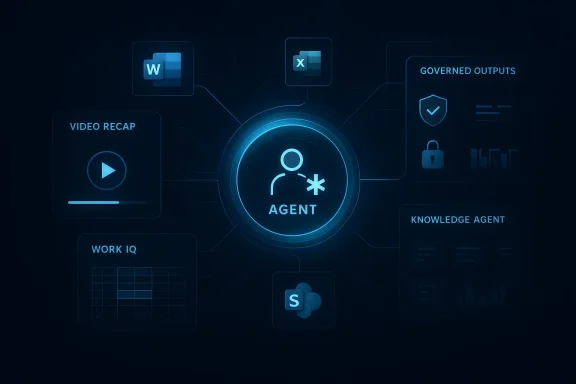 Futuristic AI agent hub connecting W, X, video recap, governed outputs, and knowledge/work tools.