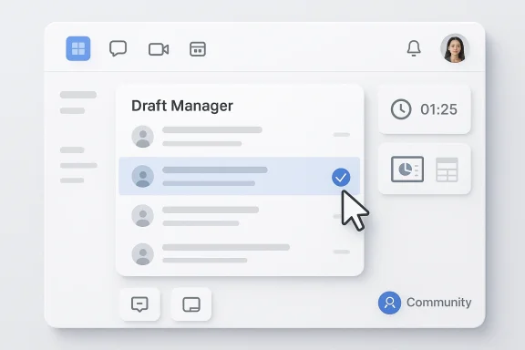 Digital interface showing a “Draft Manager” screen with an approval check and cursor click icon.