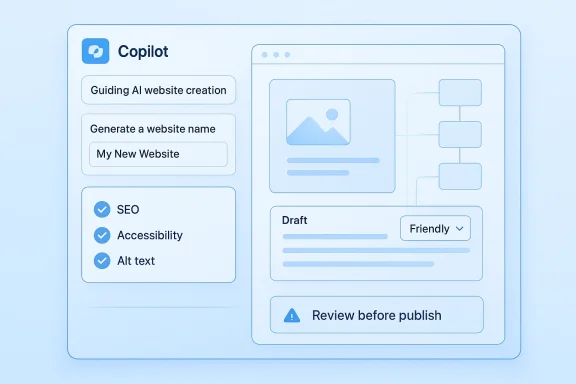 Copilot interface shows AI-guided website creation with draft review and SEO/accessibility options.