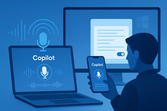 Illustration of a person using a Copilot-enabled laptop and phone with voice interface graphics.