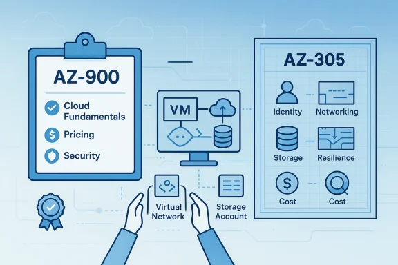Illustration of cloud computing topics: fundamentals, pricing, security, virtual network, storage, and resilience (AZ-900/AZ-305).