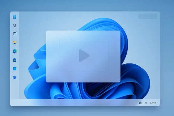 Windows-style desktop background with a centered video play icon overlay on blue ribbon-like shapes.