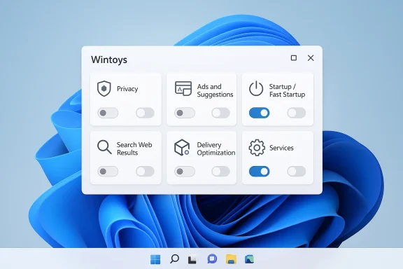 Wintoys settings panel displayed on a blue Windows-style desktop background with toggles for privacy and services.