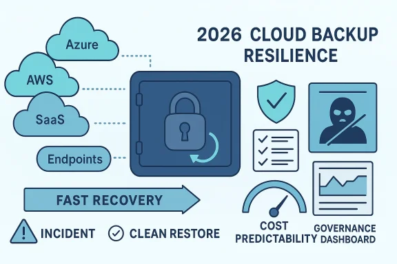 Illustration showing cloud backup resilience for Azure/AWS with fast recovery, cost predictability, and governance.