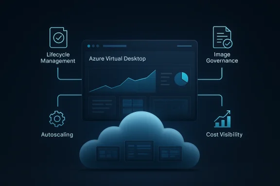 Cloud computing dashboard illustration for Azure Virtual Desktop with lifecycle management, image governance, autoscaling, and cost visibility.