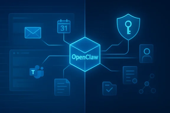 Abstract OpenCloud network diagram with connected icons and a glowing central node.