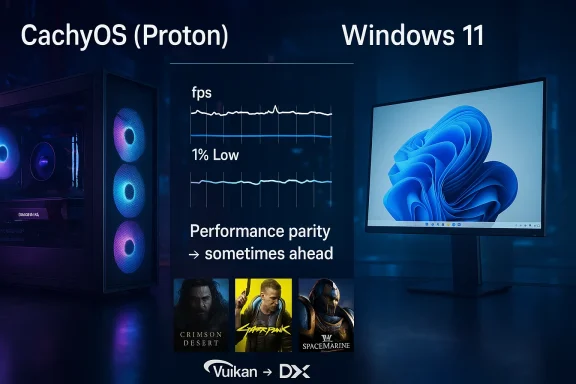 Tech slide showing “CachingOS (Proton)” and Windows 11 performance parity with Vulkan→DX branding.