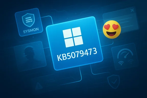 Futuristic blue card graphic shows a Windows logo, “KB5079473,” and emoji hearts.