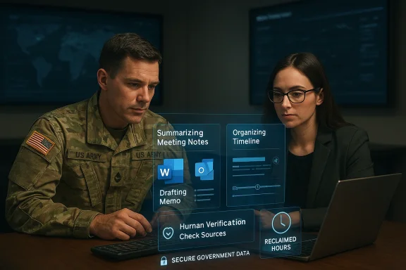 Two officials in a briefing room review secure government notes on a laptop with AI-style planning icons.