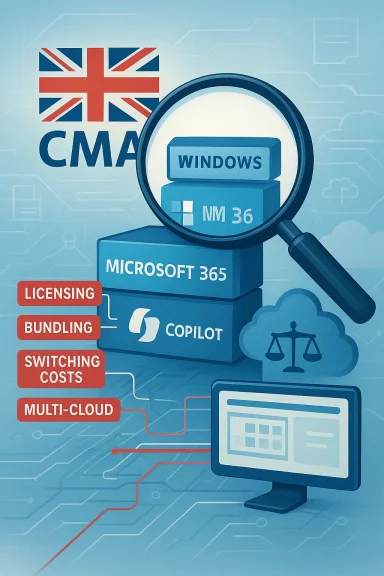 Magnified Windows and Microsoft 365 Copilot over a network graphic with UK CMA and licensing costs labels.
