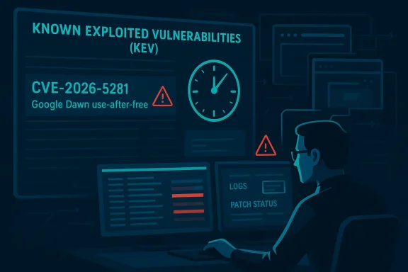 Hacker at a computer screen displays a known exploited vulnerability alert (CVE-2026-5281) with warnings.