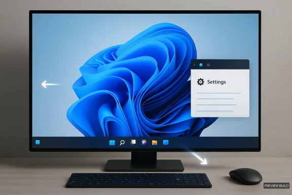 Desktop monitor shows Windows 11 blue ribbon wallpaper with a Settings panel and keyboard/mouse on desk.
