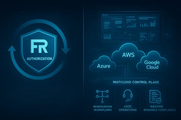 Graphic showing multi-cloud control plan with authorization and AWS, Azure, Google Cloud, plus remediation and compliance icons.