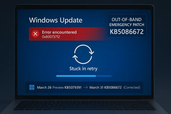 Windows Update screen shows an error for out-of-band patch KB5086672, stuck in retry.
