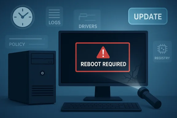 Illustration showing a computer screen error: “REBOOT REQUIRED” with warning icons and an update button.