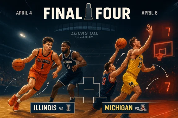 College basketball matchup poster: Illinois vs Iowa and Michigan vs UCLA under “Final Four,” April 4–6.