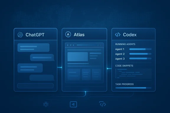 Futuristic UI showing ChatGPT, Atlas, and Codex panels on a blue world-map background.