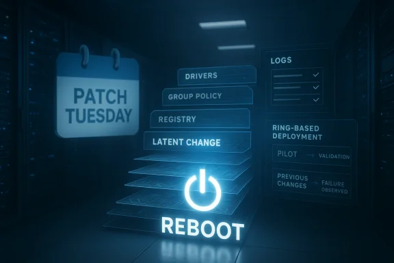 Futuristic server room UI showing PATCH TUESDAY, DRIVERS, and a glowing REBOOT icon.