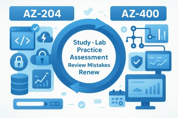 Digital study assessment concept with “AZ-204” and “AZ-400” cards and a central practice loop.
