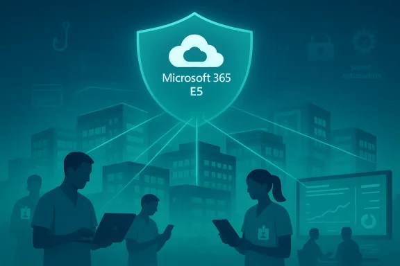Microsoft 365 E5 cloud shield logo over a smart city with connected workers and devices.
