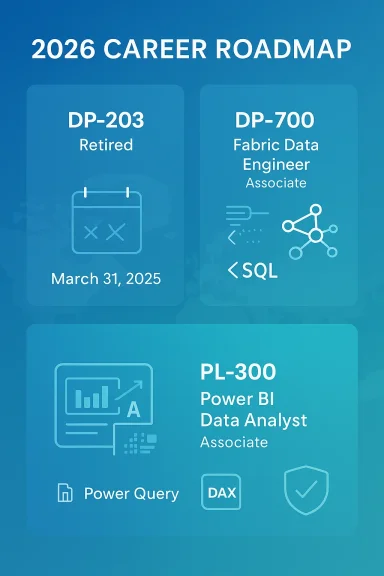 Blue career roadmap graphic showing roles DP-203, DP-700, and PL-300 with Power BI, SQL, and Power Query.