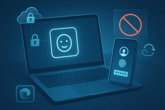Neon illustration of a laptop with cloud security and biometric phone access icons.