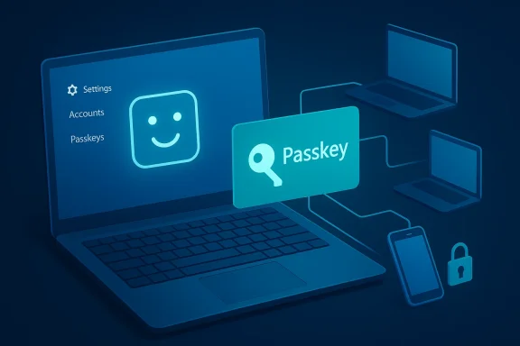 Neon-blue network of laptops and devices with “Passkey” and security icons on a digital interface.