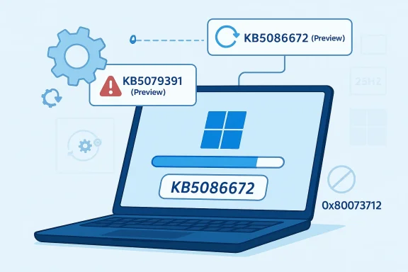 Diagram of a Windows laptop showing KB5066672 preview and a warning for KB5079391.