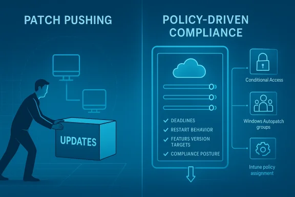 Illustration of patch pushing and policy-driven compliance with server updates, cloud rules, and Intune settings.