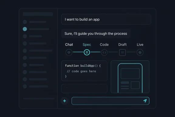 UI mockup showing a chat-guided app builder workflow with code and draft steps on a dark screen.