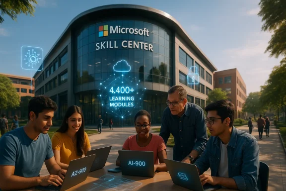 People collaborate outdoors at a Microsoft Skill Center, with AI-themed digital learning graphics overlayed.