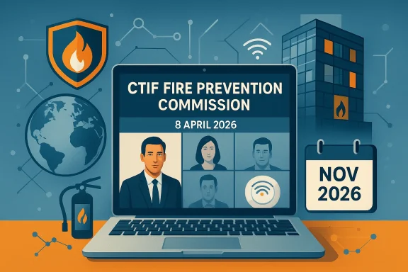 Illustration of a laptop displaying “CTIF Fire Prevention Commission” with a fire and global safety theme.