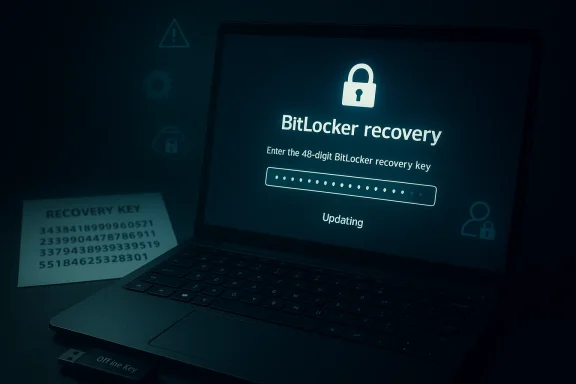 Laptop screen shows BitLocker recovery key entry with “Updating,” next to a printed recovery key.